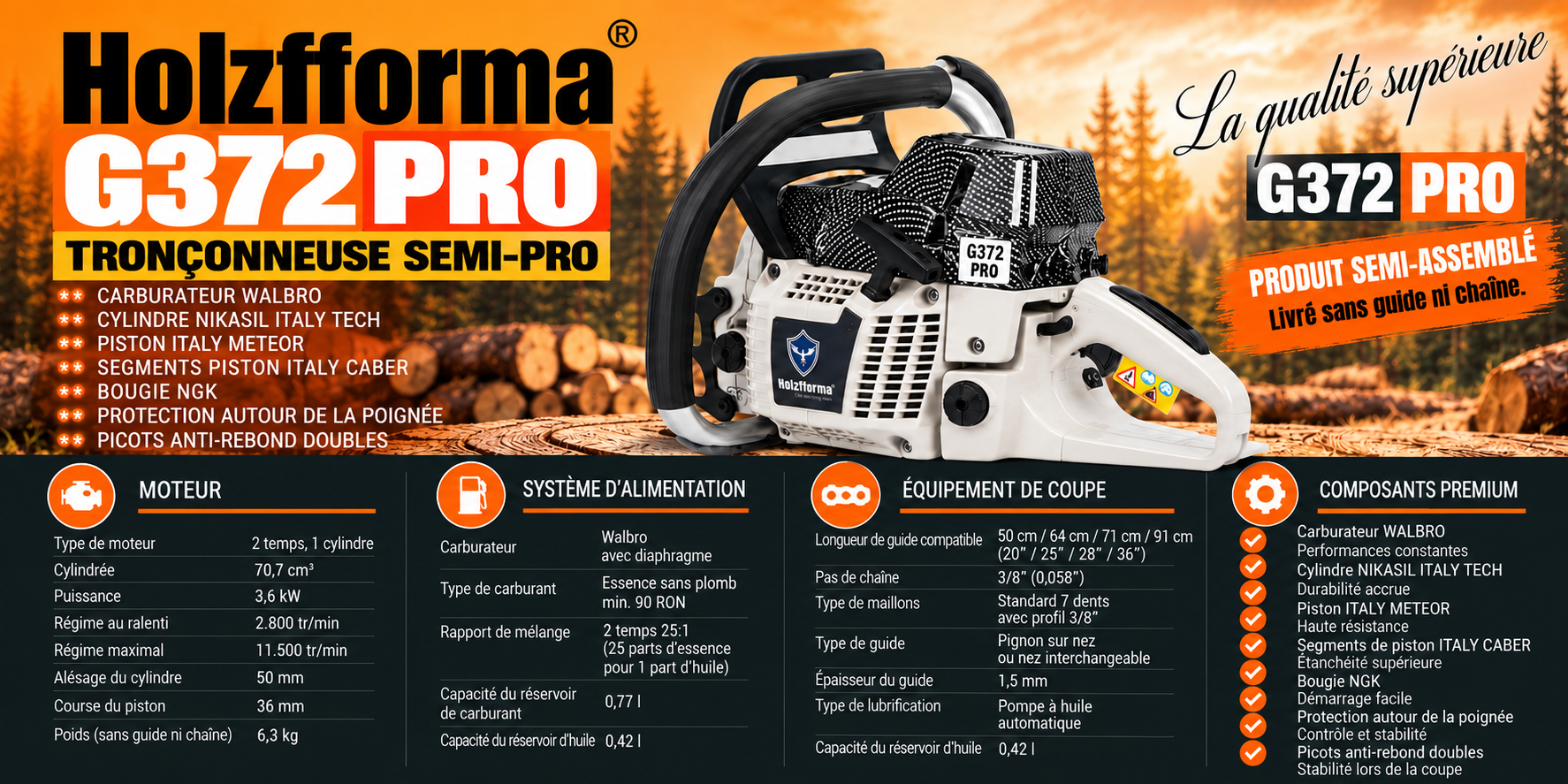 Holzfforma G372 PRO semiasamblata - specificatii tehnice